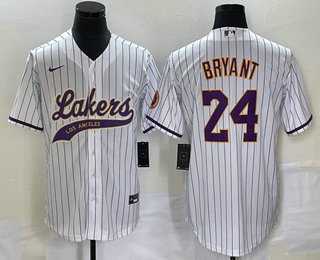Men's Los Angeles Lakers #24 Kobe Bryant White Pinstripe With Patch Cool Base Stitched Baseball Jersey1